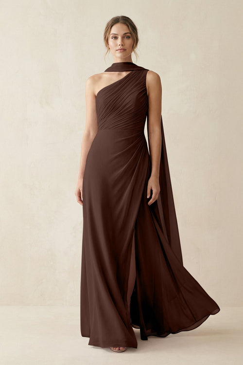 One - Shoulder Sheath Chiffon Bridesmaid Dress with Ribbon in Espresso - KissProm Bridesmaid Dresses