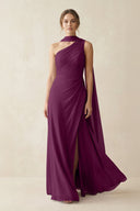 One - Shoulder Sheath Chiffon Bridesmaid Dress with Ribbon in Fig - KissProm Bridesmaid Dresses