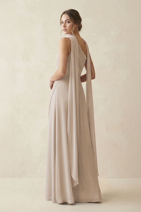 One - Shoulder Sheath Chiffon Bridesmaid Dress with Ribbon in Frost - KissProm Bridesmaid Dresses