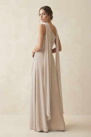 One - Shoulder Sheath Chiffon Bridesmaid Dress with Ribbon in Frost - KissProm Bridesmaid Dresses