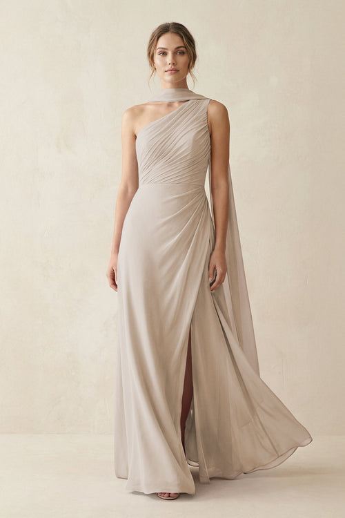 One - Shoulder Sheath Chiffon Bridesmaid Dress with Ribbon in Frost - KissProm Bridesmaid Dresses