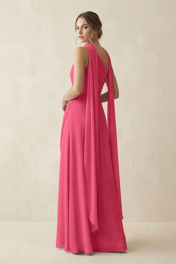 One - Shoulder Sheath Chiffon Bridesmaid Dress with Ribbon in Fuchsia - KissProm Bridesmaid Dresses