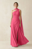 One - Shoulder Sheath Chiffon Bridesmaid Dress with Ribbon in Fuchsia - KissProm Bridesmaid Dresses