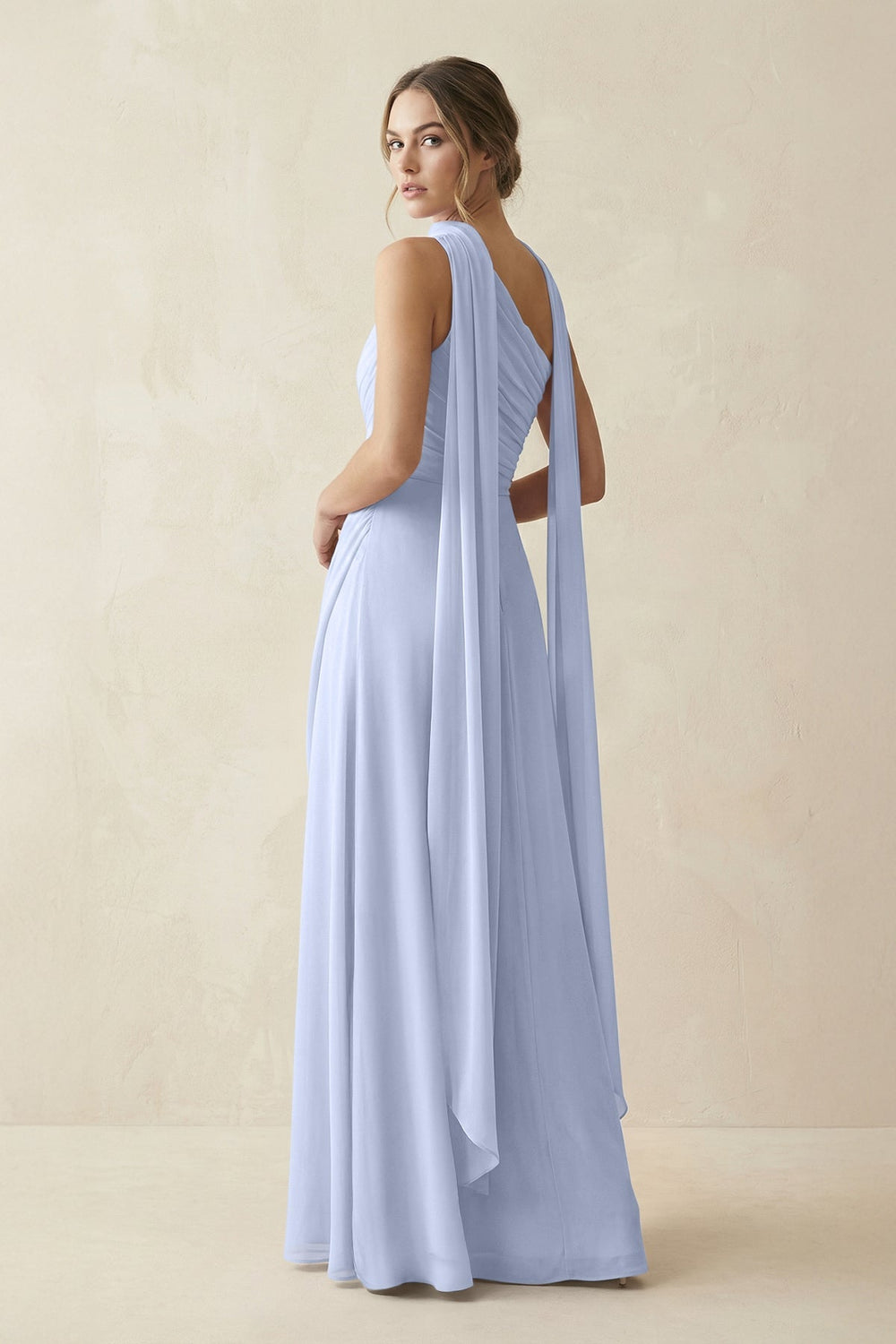 One - Shoulder Sheath Chiffon Bridesmaid Dress with Ribbon in Ice - KissProm Bridesmaid Dresses