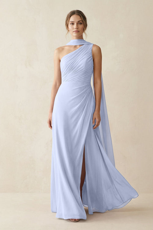 One - Shoulder Sheath Chiffon Bridesmaid Dress with Ribbon in Ice - KissProm Bridesmaid Dresses