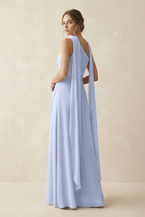 One - Shoulder Sheath Chiffon Bridesmaid Dress with Ribbon in Ice - KissProm Bridesmaid Dresses
