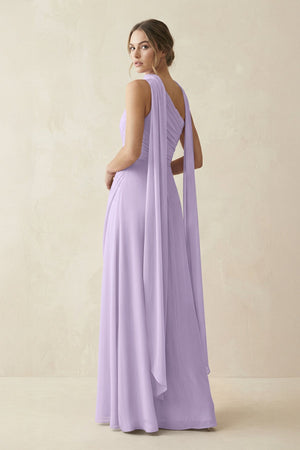 One - Shoulder Sheath Chiffon Bridesmaid Dress with Ribbon in Lavender - KissProm Bridesmaid Dresses