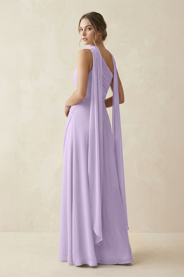 One - Shoulder Sheath Chiffon Bridesmaid Dress with Ribbon in Lavender - KissProm Bridesmaid Dresses