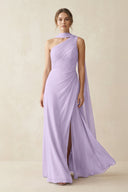 One - Shoulder Sheath Chiffon Bridesmaid Dress with Ribbon in Lavender - KissProm Bridesmaid Dresses