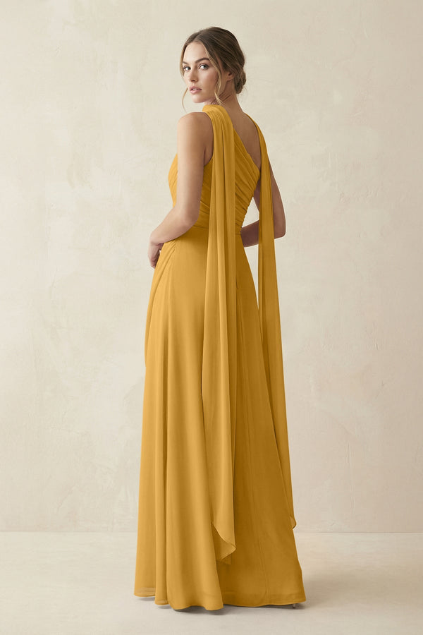 One - Shoulder Sheath Chiffon Bridesmaid Dress with Ribbon in Marigold - KissProm Bridesmaid Dresses