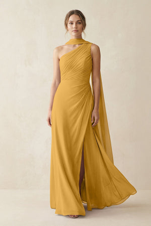 One - Shoulder Sheath Chiffon Bridesmaid Dress with Ribbon in Marigold - KissProm Bridesmaid Dresses