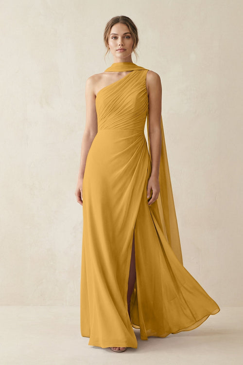 One - Shoulder Sheath Chiffon Bridesmaid Dress with Ribbon in Marigold - KissProm Bridesmaid Dresses