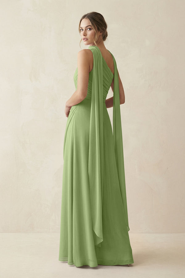 One - Shoulder Sheath Chiffon Bridesmaid Dress with Ribbon in Matcha - KissProm Bridesmaid Dresses
