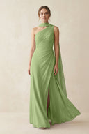One - Shoulder Sheath Chiffon Bridesmaid Dress with Ribbon in Matcha - KissProm Bridesmaid Dresses