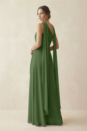 One - Shoulder Sheath Chiffon Bridesmaid Dress with Ribbon in Moss - KissProm Bridesmaid Dresses