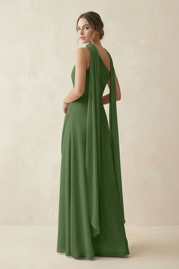 One - Shoulder Sheath Chiffon Bridesmaid Dress with Ribbon in Moss - KissProm Bridesmaid Dresses