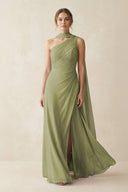 One - Shoulder Sheath Chiffon Bridesmaid Dress with Ribbon in Moss Green - KissProm Bridesmaid Dresses