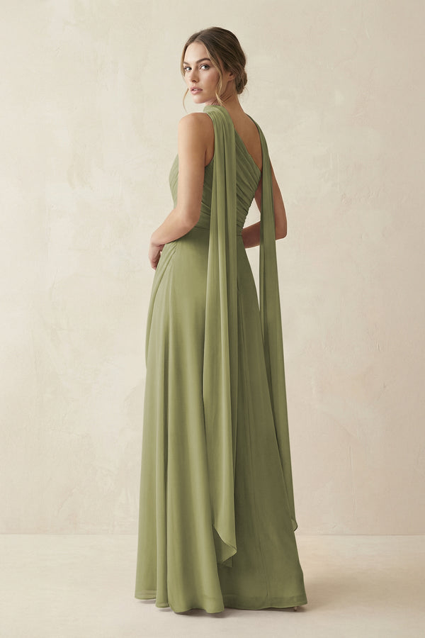 One - Shoulder Sheath Chiffon Bridesmaid Dress with Ribbon in Moss Green - KissProm Bridesmaid Dresses