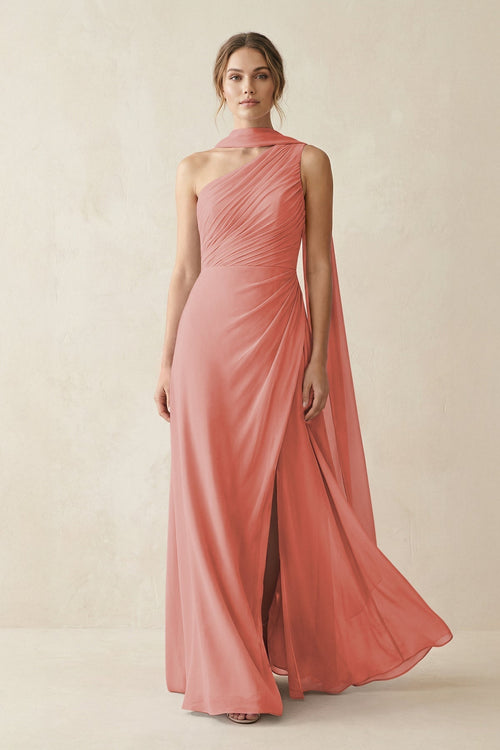 One - Shoulder Sheath Chiffon Bridesmaid Dress with Ribbon in Mulberry - KissProm Bridesmaid Dresses