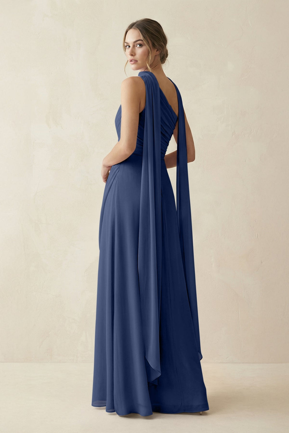 One - Shoulder Sheath Chiffon Bridesmaid Dress with Ribbon in Navy - KissProm Bridesmaid Dresses