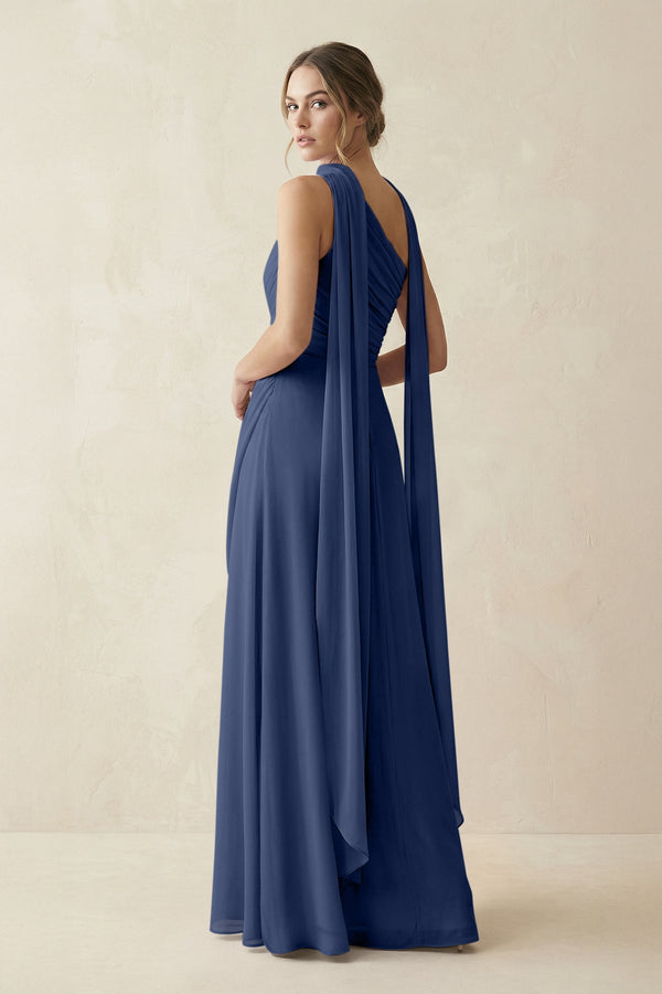 One - Shoulder Sheath Chiffon Bridesmaid Dress with Ribbon in Navy - KissProm Bridesmaid Dresses