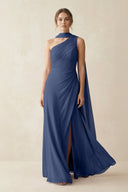One - Shoulder Sheath Chiffon Bridesmaid Dress with Ribbon in Navy - KissProm Bridesmaid Dresses