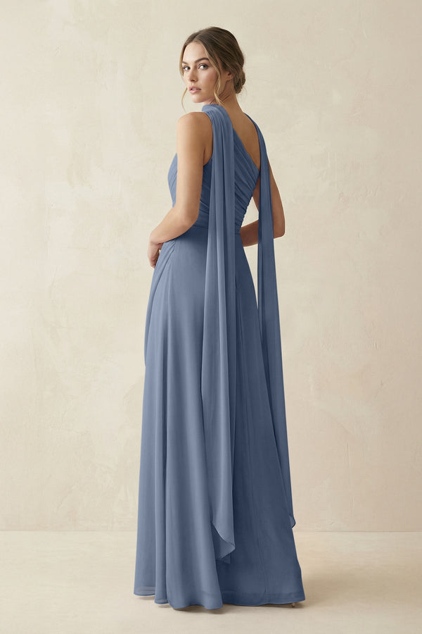 One - Shoulder Sheath Chiffon Bridesmaid Dress with Ribbon in Neptune - KissProm Bridesmaid Dresses