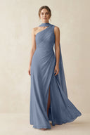 One - Shoulder Sheath Chiffon Bridesmaid Dress with Ribbon in Neptune - KissProm Bridesmaid Dresses