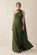 One - Shoulder Sheath Chiffon Bridesmaid Dress with Ribbon in Olive - KissProm Bridesmaid Dresses