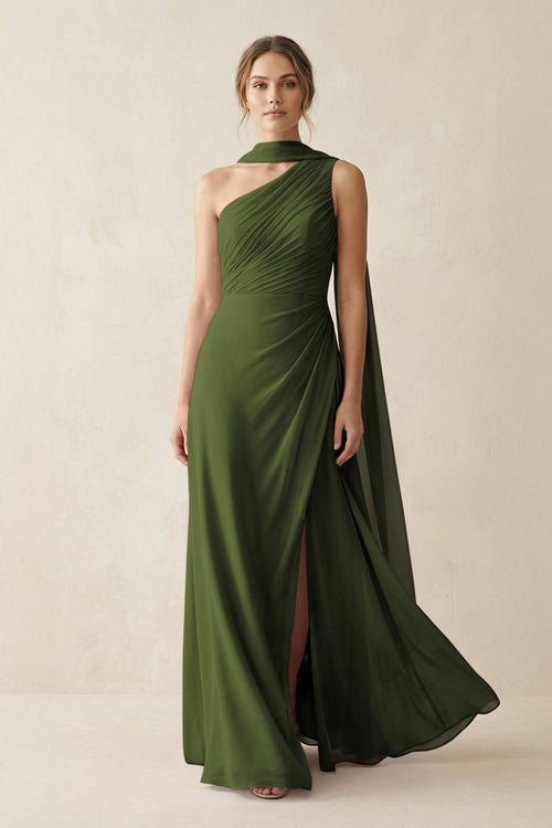 One - Shoulder Sheath Chiffon Bridesmaid Dress with Ribbon in Olive - KissProm Bridesmaid Dresses
