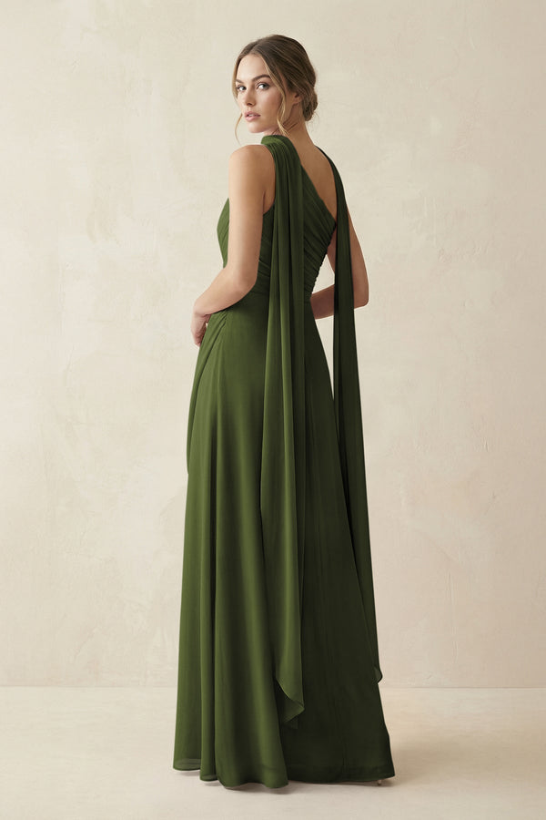 One - Shoulder Sheath Chiffon Bridesmaid Dress with Ribbon in Olive - KissProm Bridesmaid Dresses