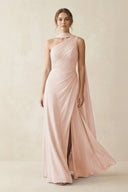 One - Shoulder Sheath Chiffon Bridesmaid Dress with Ribbon in Pale Blush - KissProm Bridesmaid Dresses