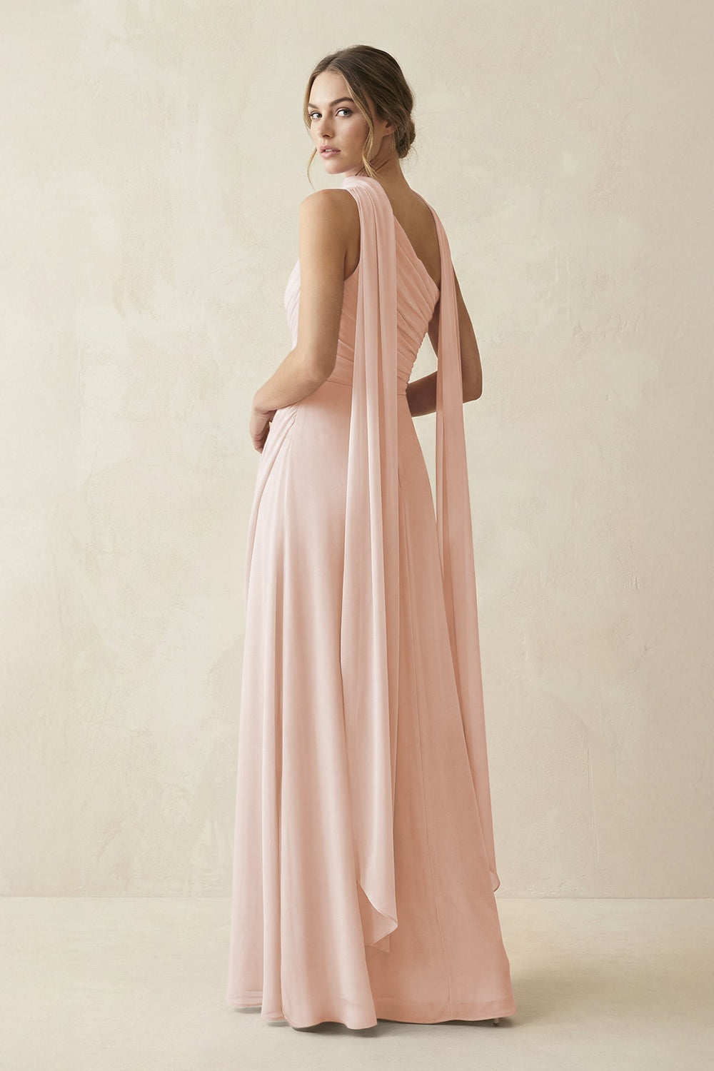 One - Shoulder Sheath Chiffon Bridesmaid Dress with Ribbon in Pale Blush - KissProm Bridesmaid Dresses