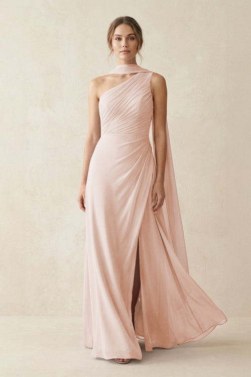 One - Shoulder Sheath Chiffon Bridesmaid Dress with Ribbon in Pale Blush - KissProm Bridesmaid Dresses