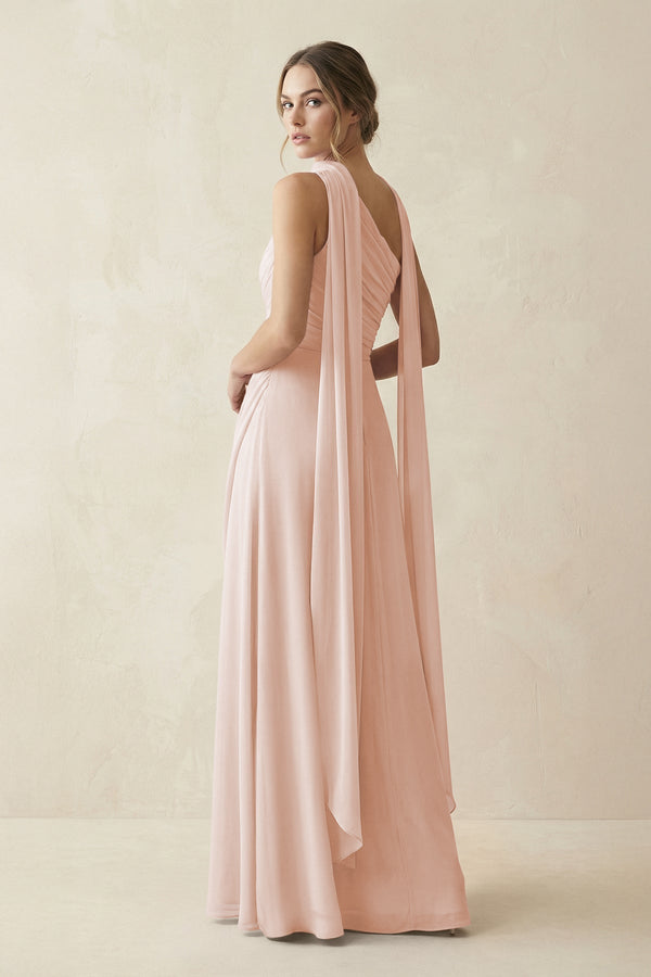 One - Shoulder Sheath Chiffon Bridesmaid Dress with Ribbon in Pale Blush - KissProm Bridesmaid Dresses