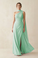 One - Shoulder Sheath Chiffon Bridesmaid Dress with Ribbon in Pale Pistachio - KissProm Bridesmaid Dresses