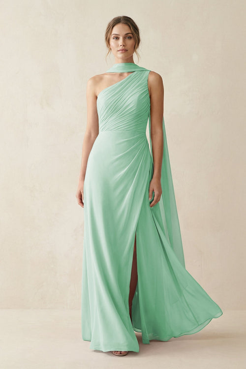 One - Shoulder Sheath Chiffon Bridesmaid Dress with Ribbon in Pale Pistachio - KissProm Bridesmaid Dresses