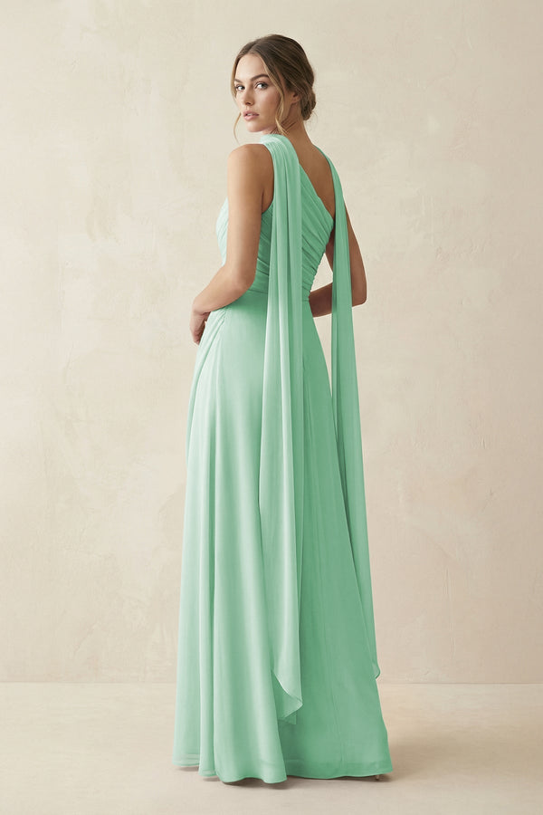 One - Shoulder Sheath Chiffon Bridesmaid Dress with Ribbon in Pale Pistachio - KissProm Bridesmaid Dresses