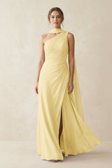 One - Shoulder Sheath Chiffon Bridesmaid Dress with Ribbon in Pastel Yellow - KissProm Bridesmaid Dresses