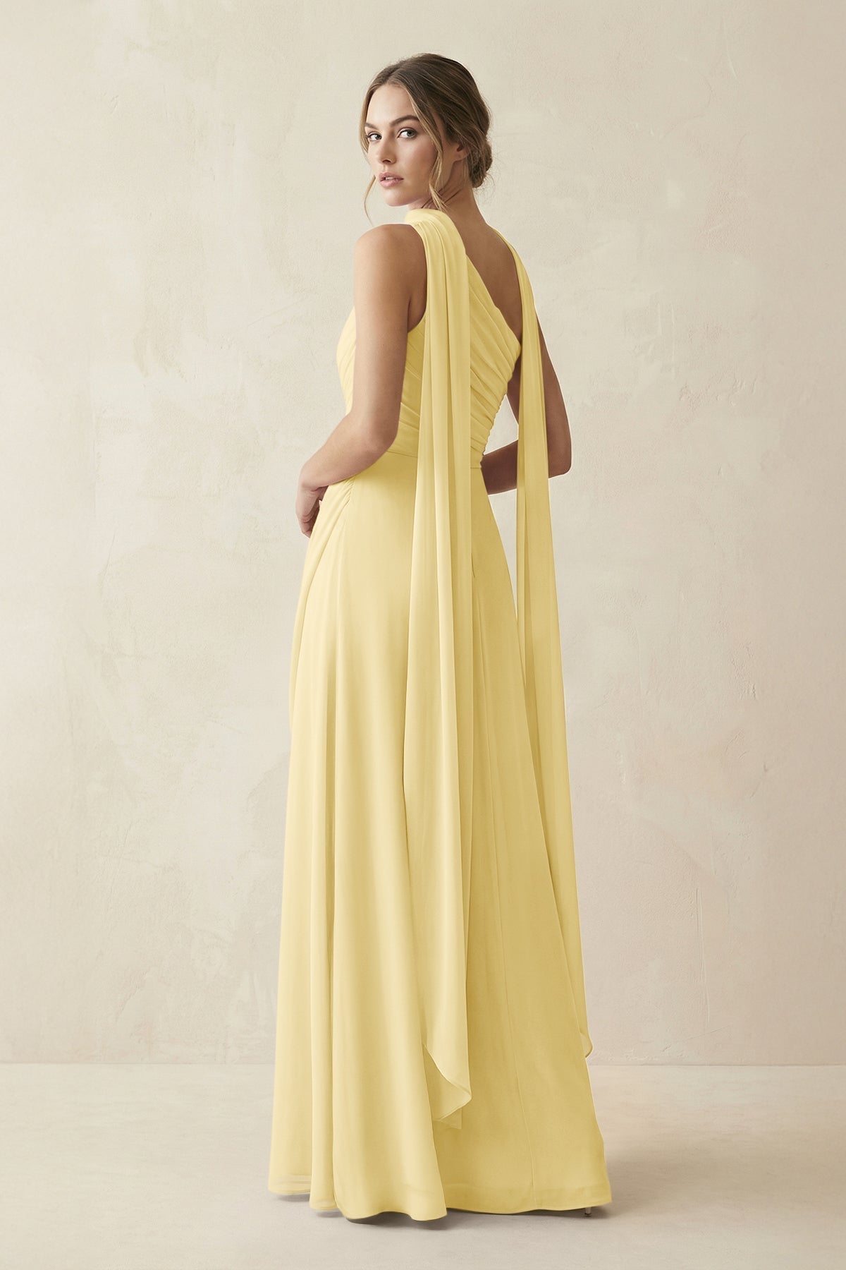 KissProm One-Shoulder Sheath Chiffon Bridesmaid Dress with Ribbon in Pastel Yellow, Pastel Yellow / 30