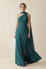 One - Shoulder Sheath Chiffon Bridesmaid Dress with Ribbon in Pine - KissProm Bridesmaid Dresses