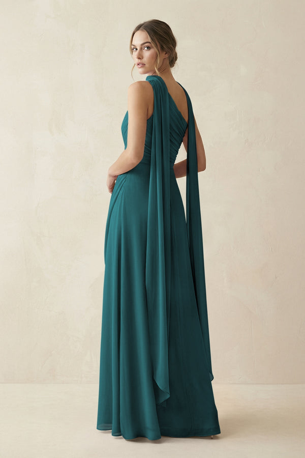 One - Shoulder Sheath Chiffon Bridesmaid Dress with Ribbon in Pine - KissProm Bridesmaid Dresses