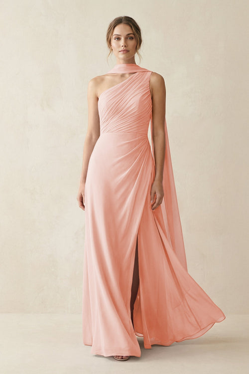One - Shoulder Sheath Chiffon Bridesmaid Dress with Ribbon in Rose Petal - KissProm Bridesmaid Dresses