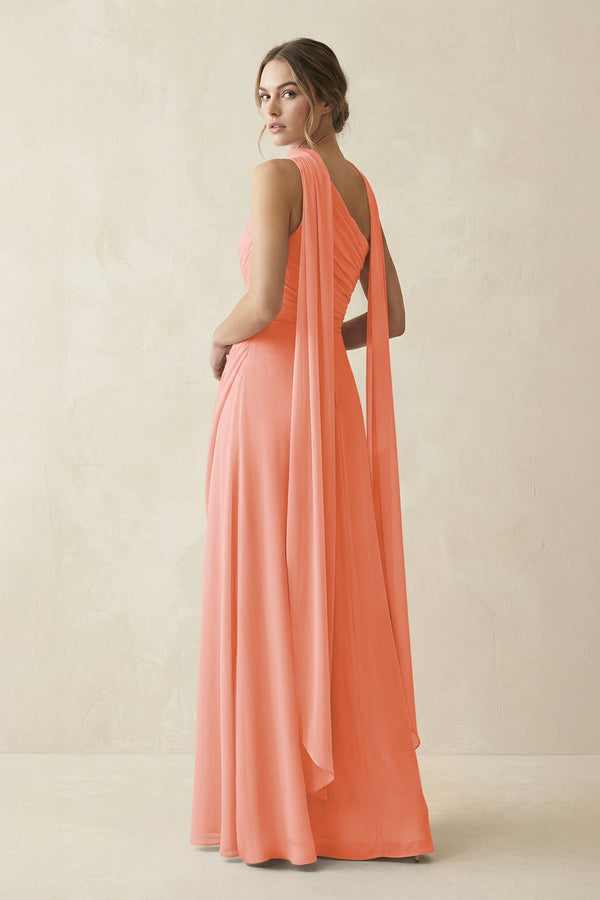 One - Shoulder Sheath Chiffon Bridesmaid Dress with Ribbon in Rosette - KissProm Bridesmaid Dresses