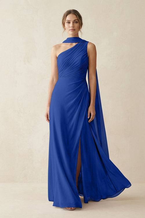 One - Shoulder Sheath Chiffon Bridesmaid Dress with Ribbon in Royal Blue - KissProm Bridesmaid Dresses