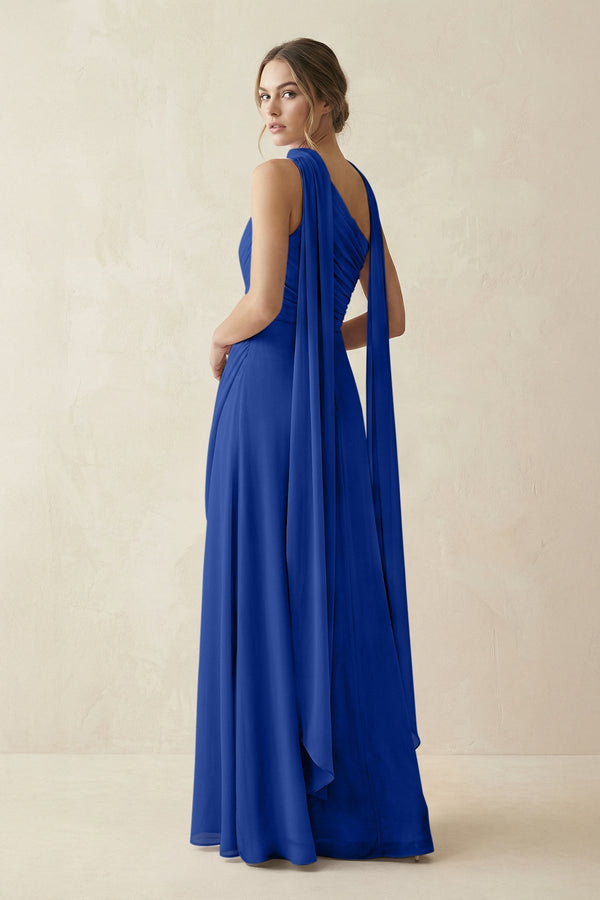 One - Shoulder Sheath Chiffon Bridesmaid Dress with Ribbon in Royal Blue - KissProm Bridesmaid Dresses