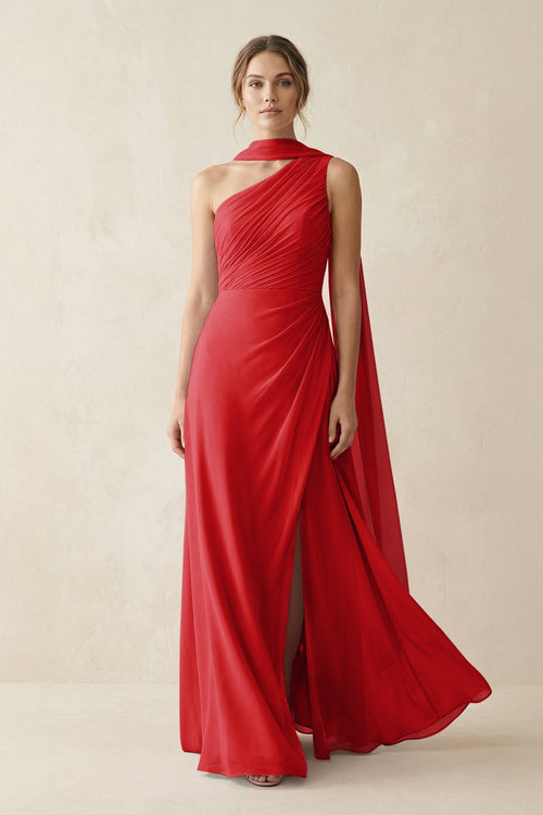 One - Shoulder Sheath Chiffon Bridesmaid Dress with Ribbon in Ruby Red - KissProm Bridesmaid Dresses