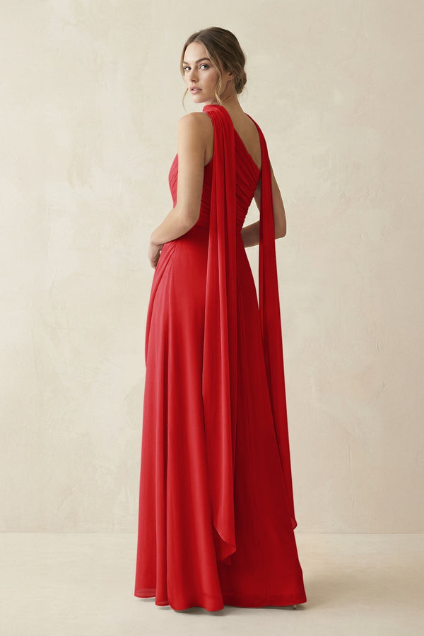 One - Shoulder Sheath Chiffon Bridesmaid Dress with Ribbon in Ruby Red - KissProm Bridesmaid Dresses