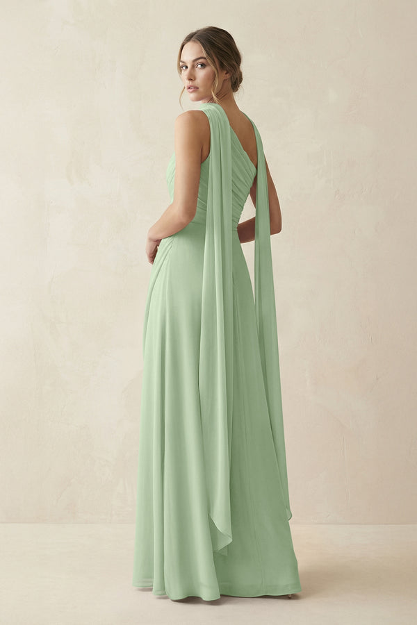 One - Shoulder Sheath Chiffon Bridesmaid Dress with Ribbon in Sage - KissProm Bridesmaid Dresses