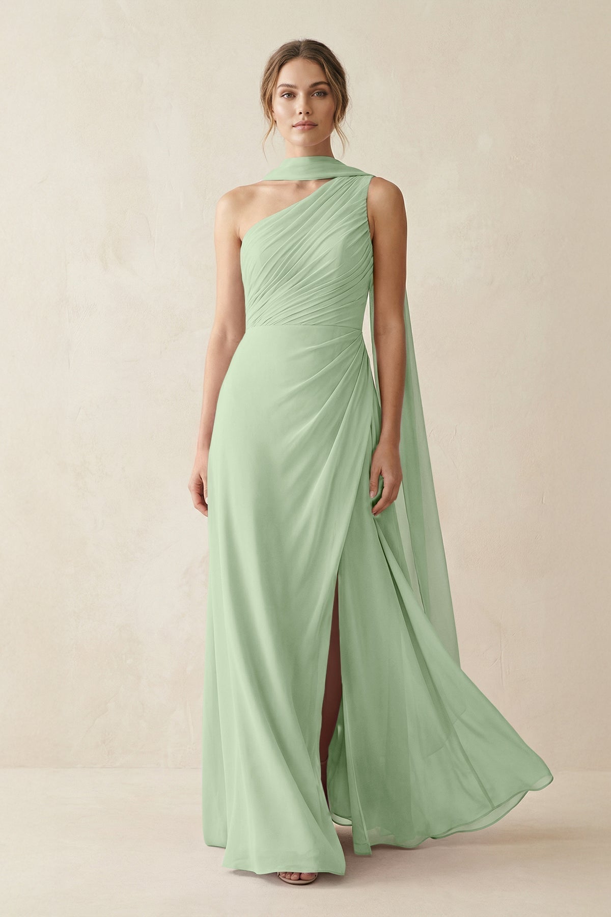 KissProm One-Shoulder Sheath Chiffon Bridesmaid Dress with Ribbon in Sage, Sage / 2